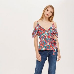 Topshop Floral Print Cold-shoulder Warp Top Red 6